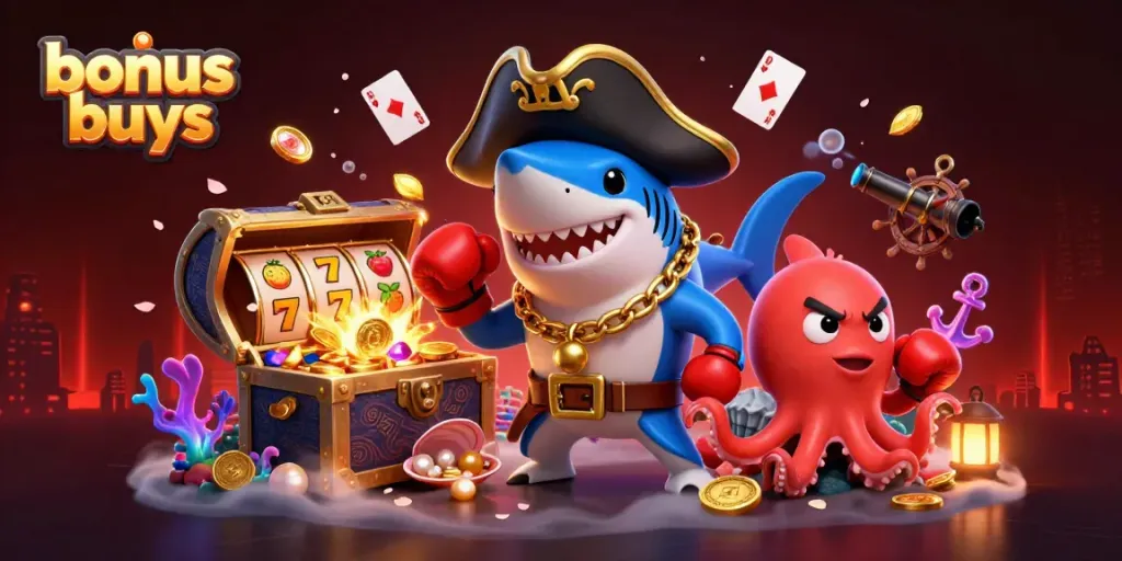 Engage with bonus buys through a vibrant casino scene showcasing colorful characters and slot game elements.