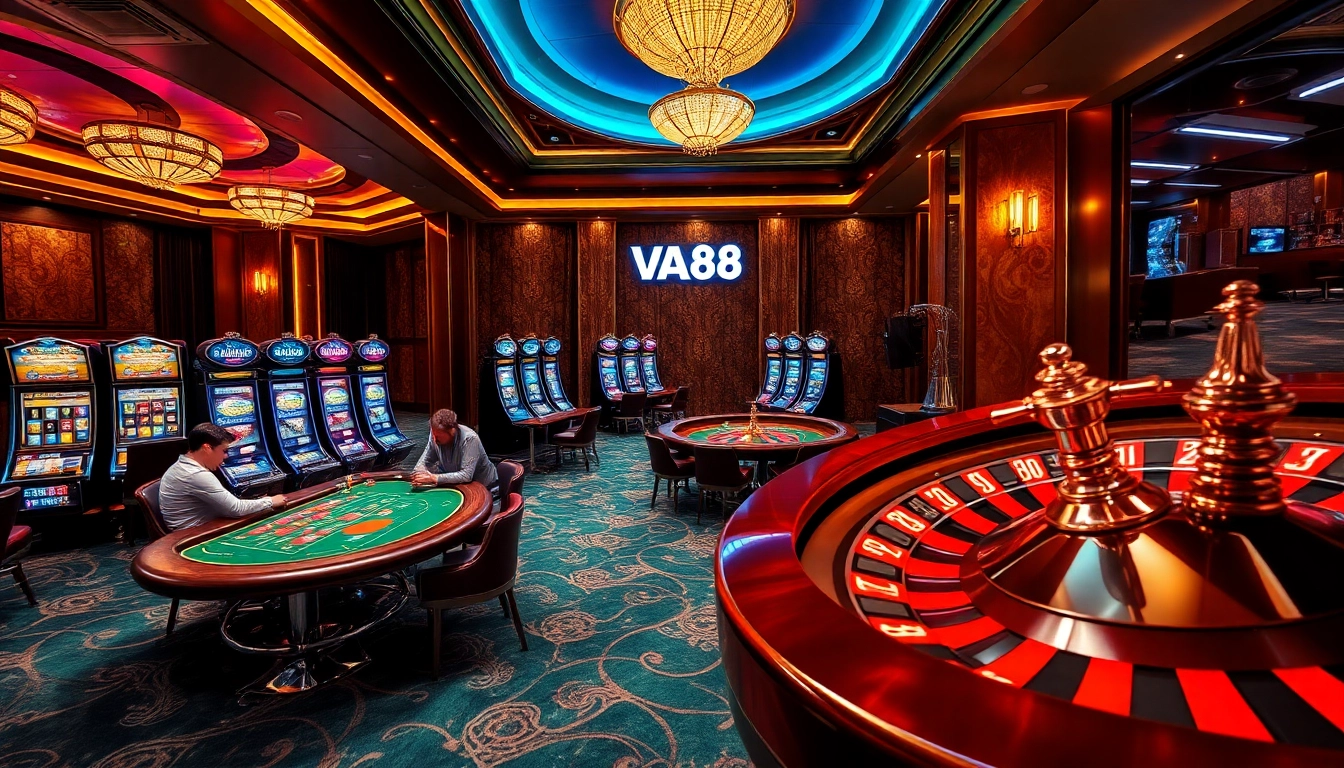 Exciting gambling scene at VA88 casino with poker tables, slot machines, and roulette wheels.