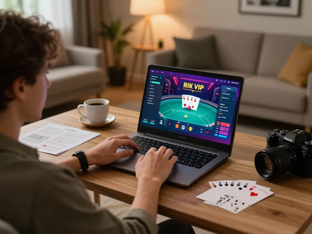 Player engaging in RIK VIP online poker gameplay, showcasing comfortable home setup and strategic thinking.