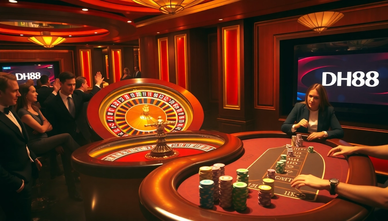 DH88 players engaging in a lively game at a vibrant casino table, showcasing excitement and luxury.