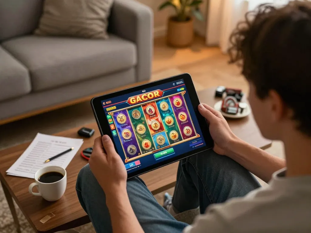 Engaging moment playing slot online gacor on tablet in a cozy living room, enhancing online gambling experience.