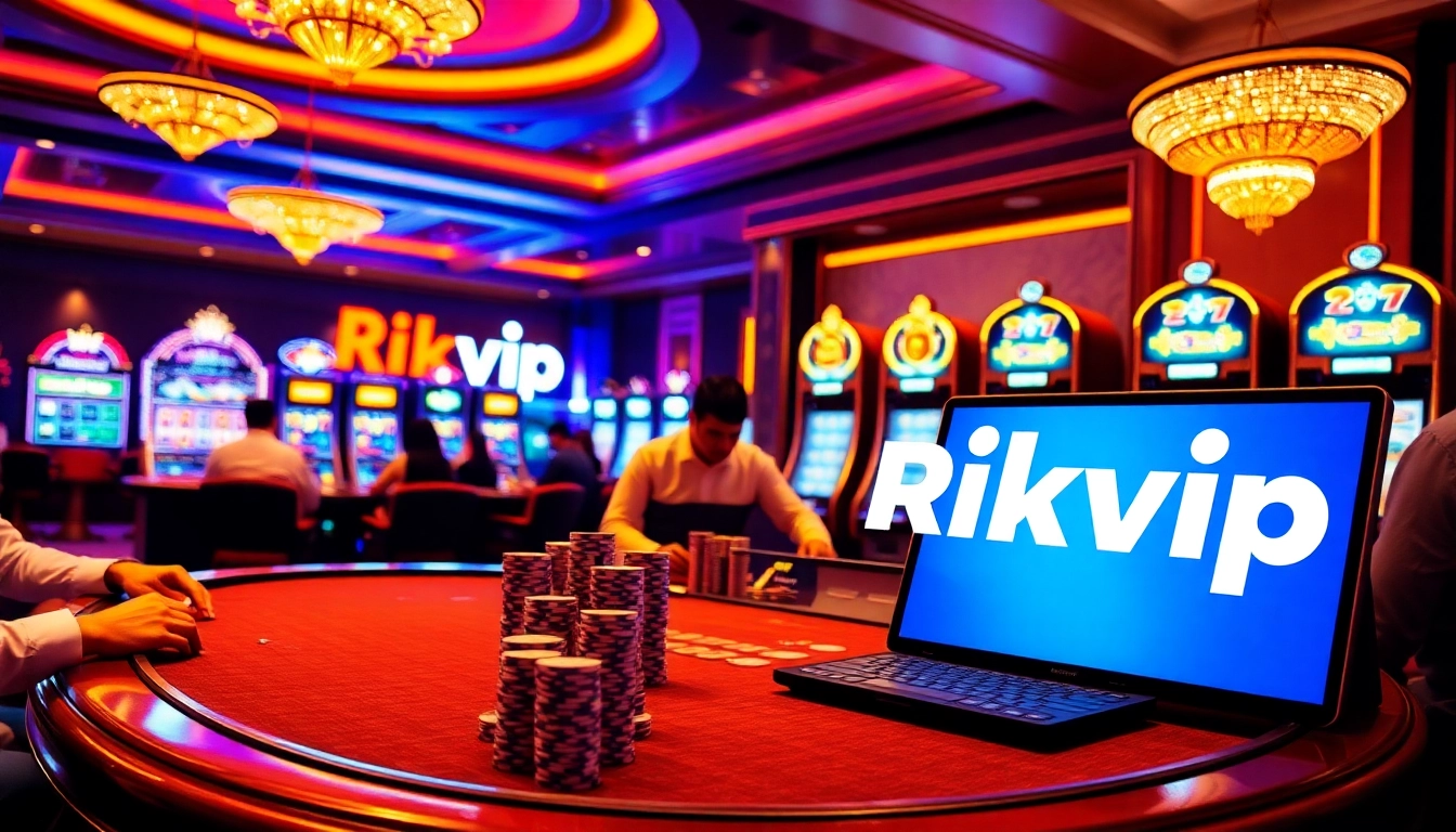 RIKVIP offers an exciting online gambling experience with vibrant casino tables and slot machines.