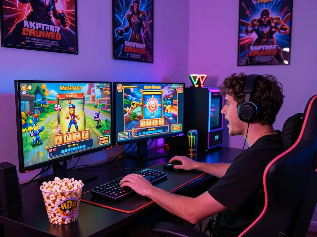 Gamer yang bersemangat menikmati slot gampang menang di rumah, dua monitor menampilkan grafik permainan yang cerah dalam suasana permainan yang mendebarkan.