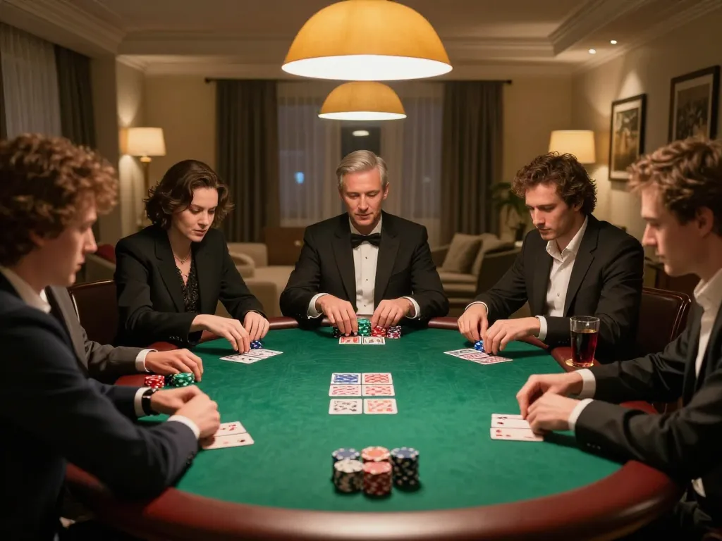 TR88 poker game night with players focusing on their cards and stacks of chips.