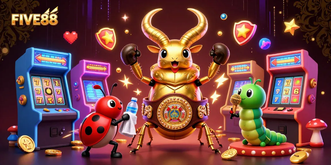 Engage with the vibrant FIVE88 casino gaming scene featuring a golden stag beetle champion and gaming elements.