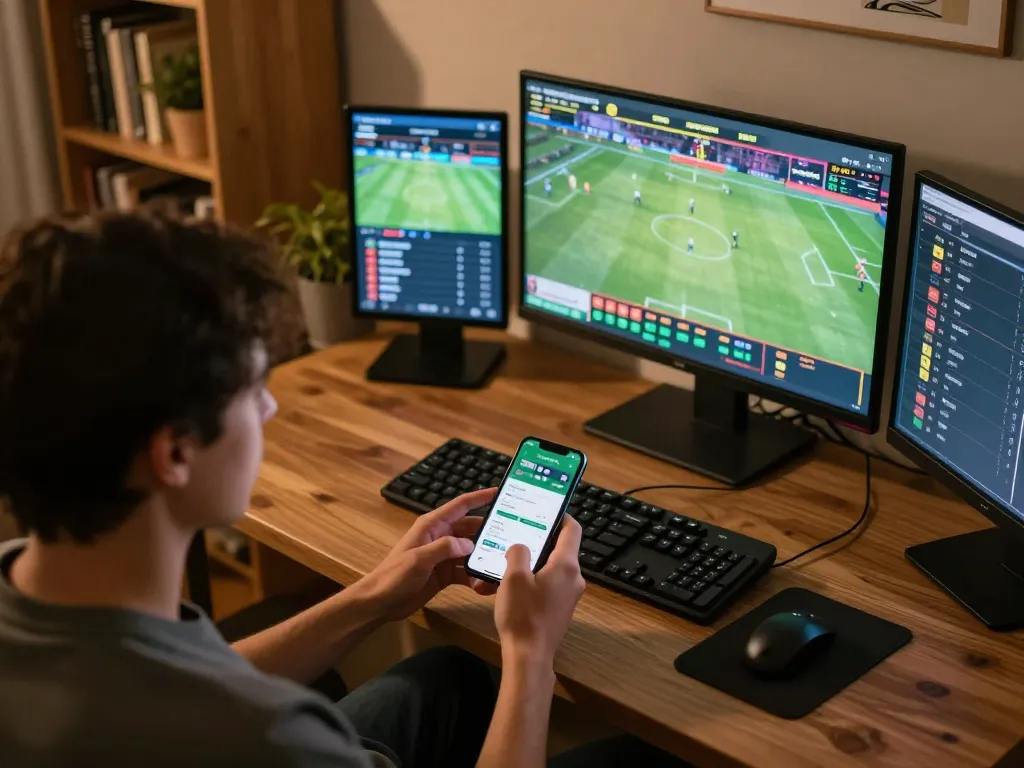 KP88 player engaging in live sports betting from home showcasing strategic decision-making and excitement.