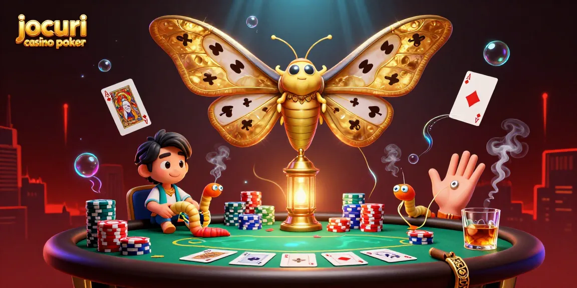Jocuri casino poker cu un fluture 3D și mese de poker pline de FISE și cărți