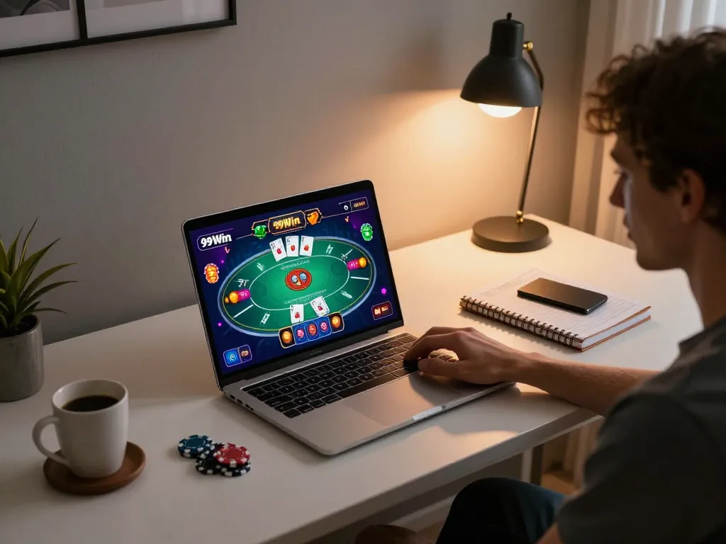 Player enjoying online casino gaming on 99Win via laptop at home, surrounded by strategic notes and a cozy atmosphere