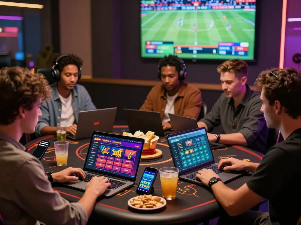 Engaging group of friends using CWIN platform for online betting activities with vibrant visuals and live sports events.