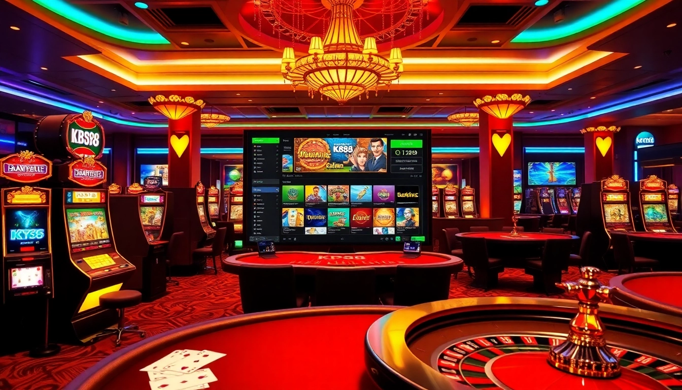 Players enjoying the KP88 online casino experience with vibrant slot machines and poker tables.