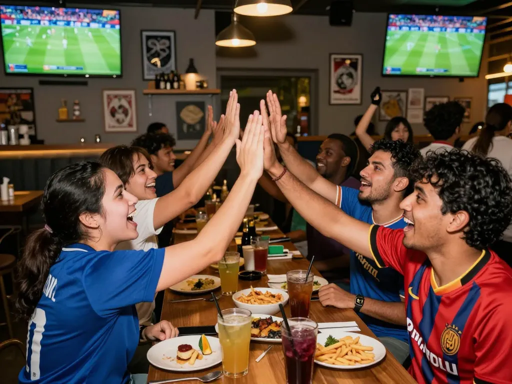 Excited friends enjoying Judi Bola betting at a lively sports bar, with jerseys and snacks.