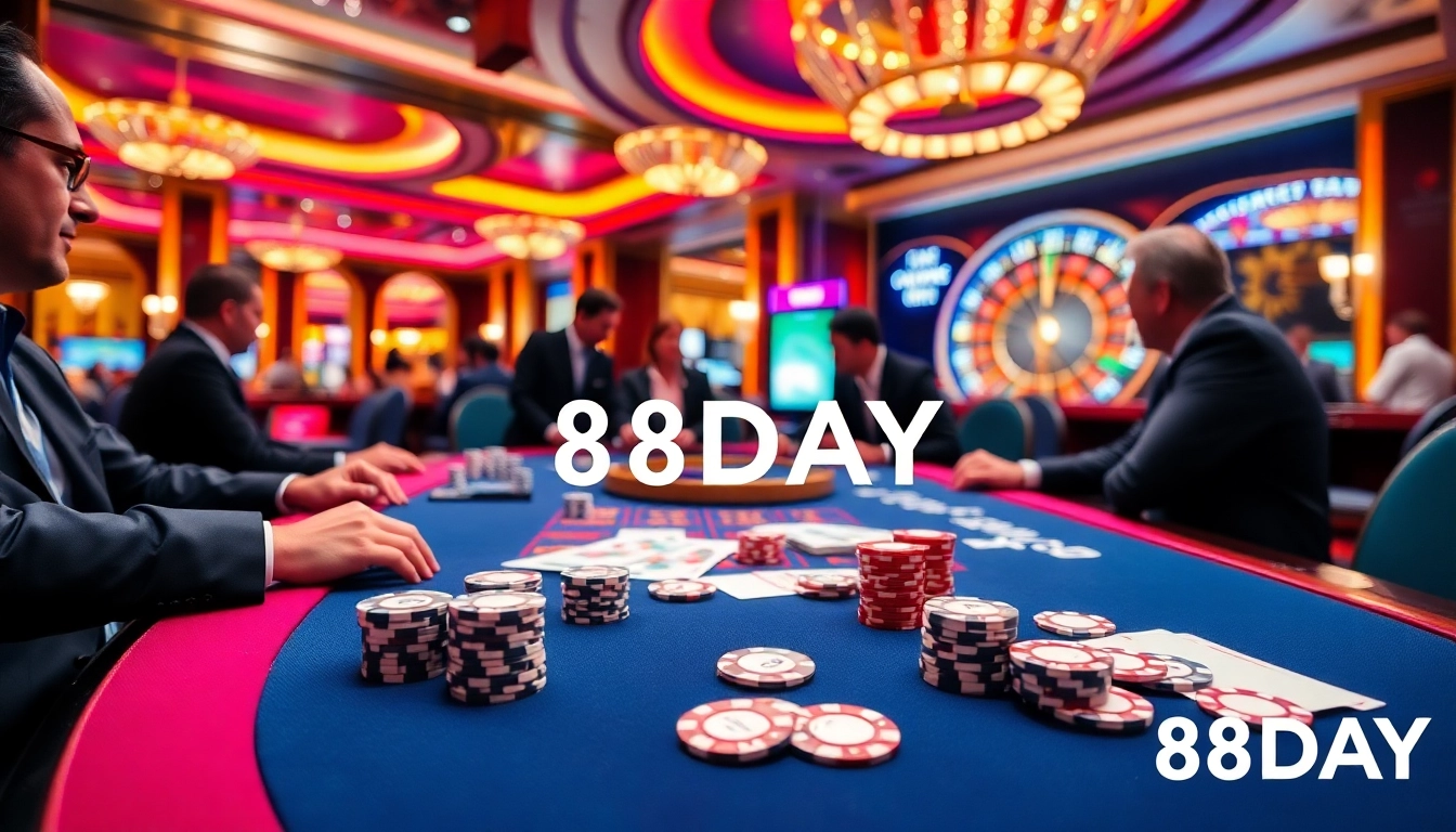Players enjoying high-stakes poker at 8DAY casino with vibrant chips and cards.