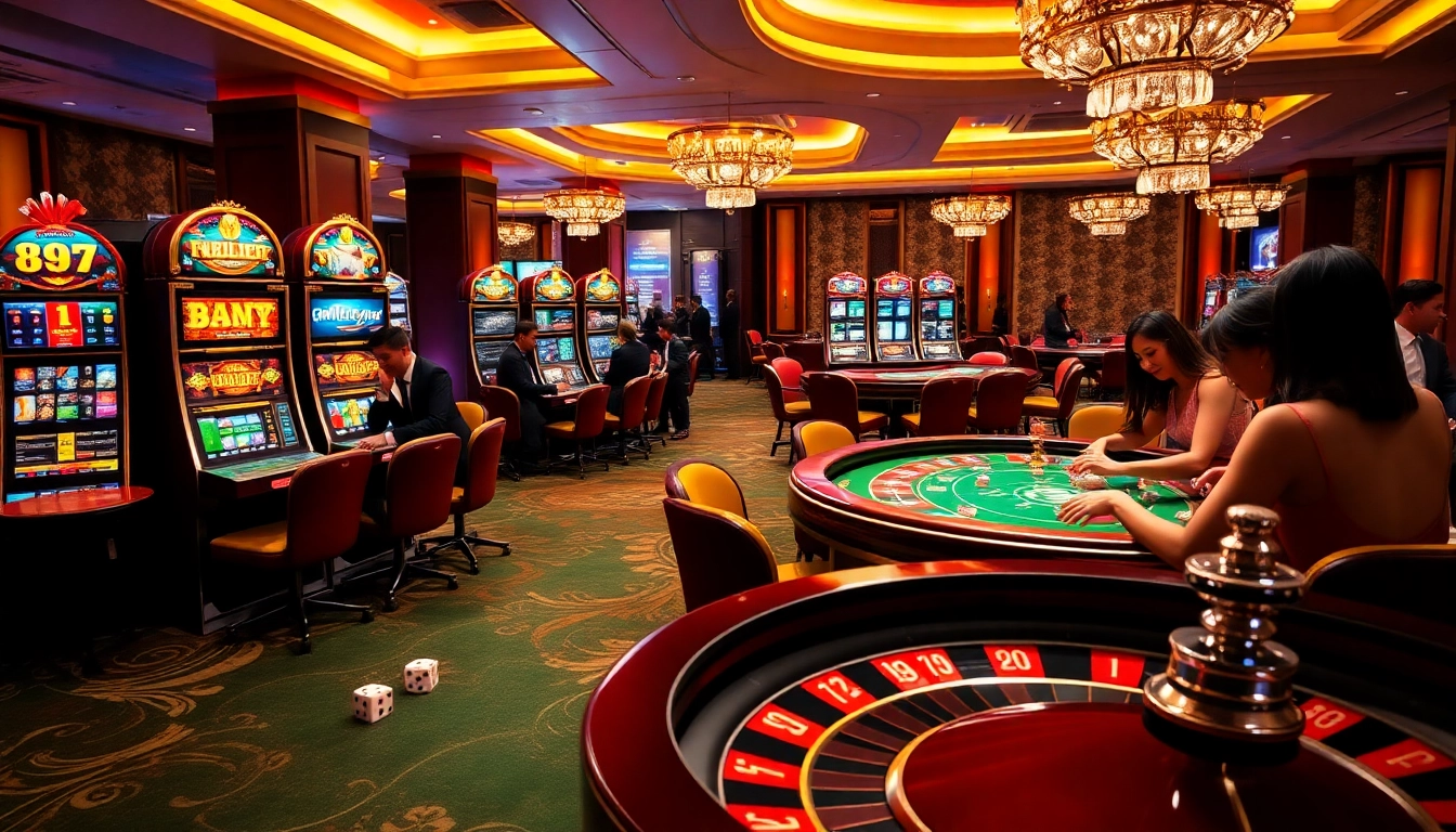 Exciting casino gameplay at 999BET with vibrant slot machines and engaged players in a luxurious setting.