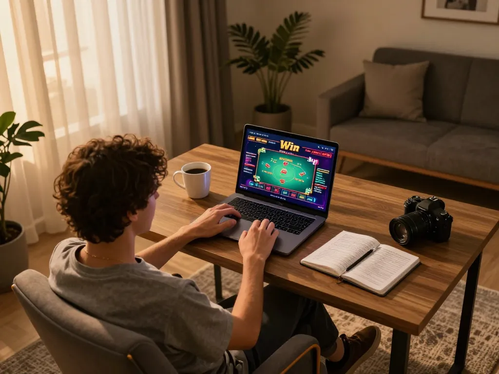 Engaging online gaming experience with 98 win displayed on a laptop screen, showcasing strategic gameplay.