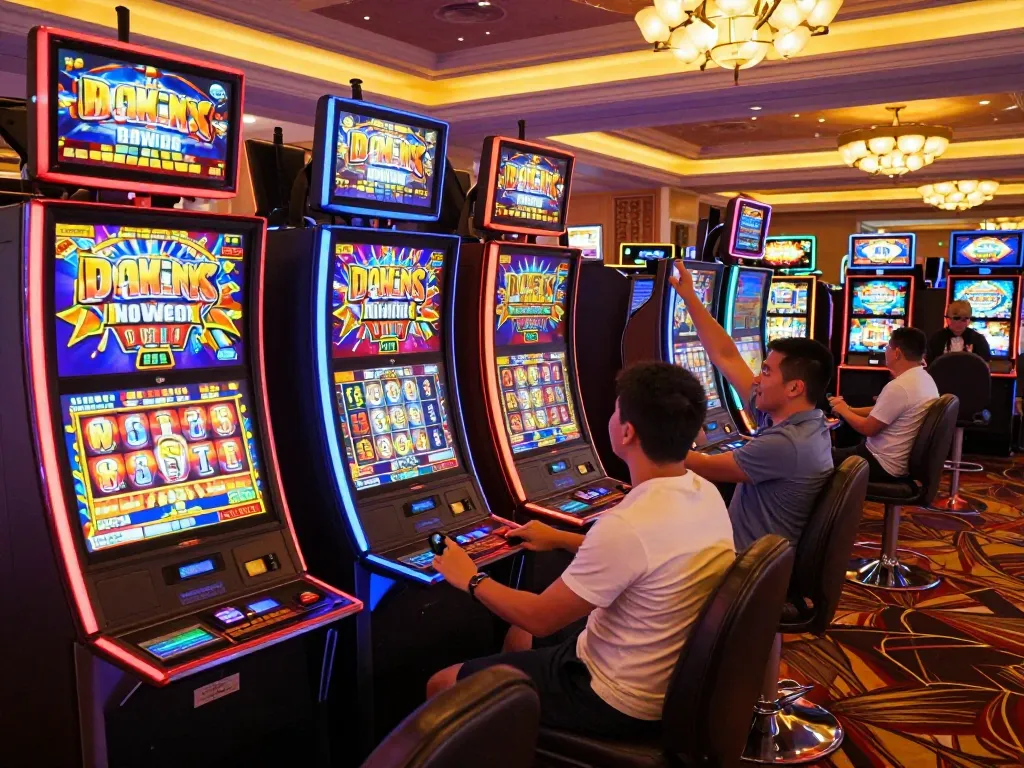 Players enjoying vibrant slot gacor action at luxury casino machines, cheering for wins.