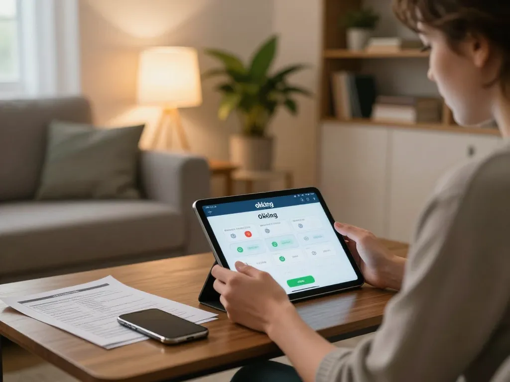 Engaged player using the okking app on a tablet for strategic gaming insights
