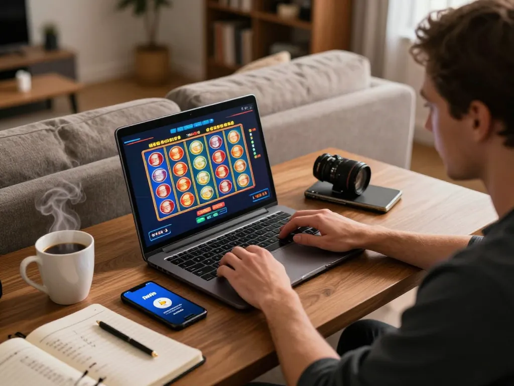 Engaged player enjoying iwin club online slots on laptop at home desk, reflecting strategic gaming.
