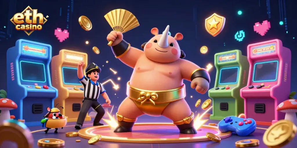 Experience the thrill of the eth casino with a lively scene featuring a sumo champion and colorful gaming elements.