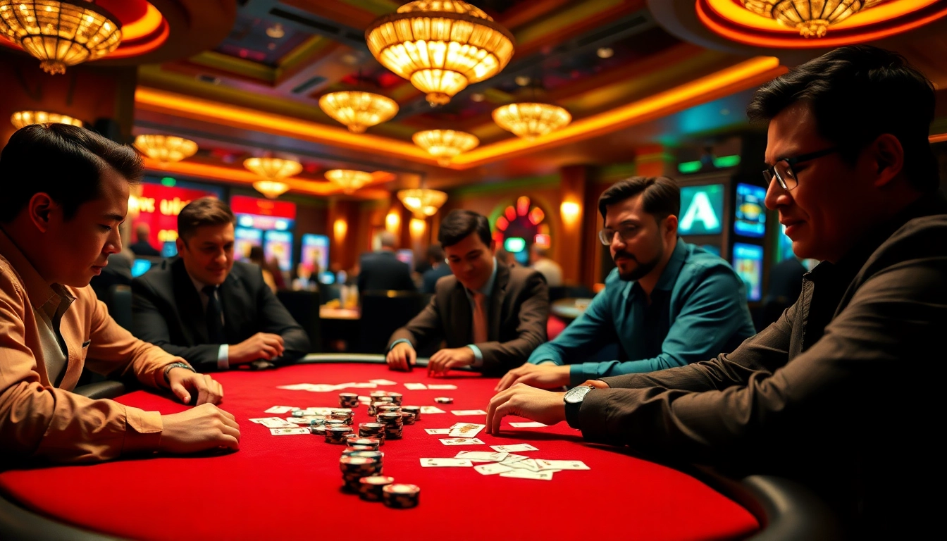Main poker online table with intense players focused on their cards in a bustling casino.