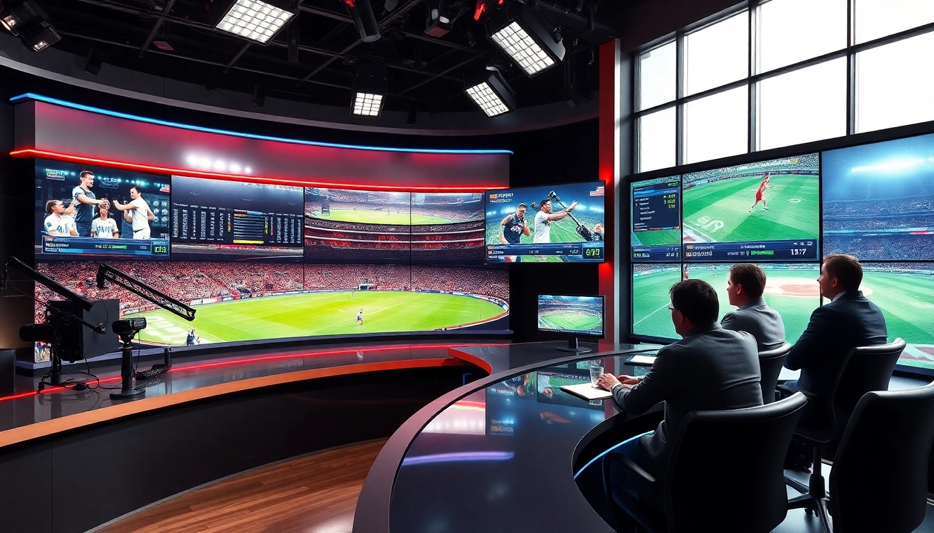 Engaging scene of sports broadcasting studio highlighting live scores and news discussions.