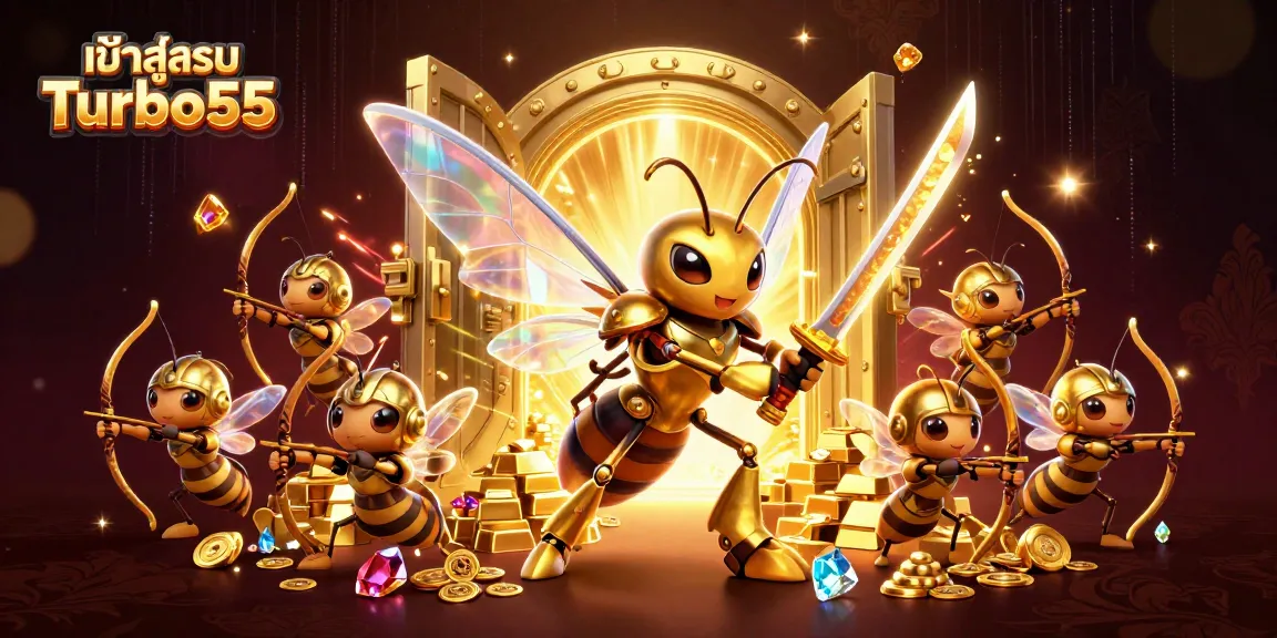 Access dynamic gameplay with เข้าสู่ระบบ Turbo55, featuring 3D golden hornet samurai illustration.