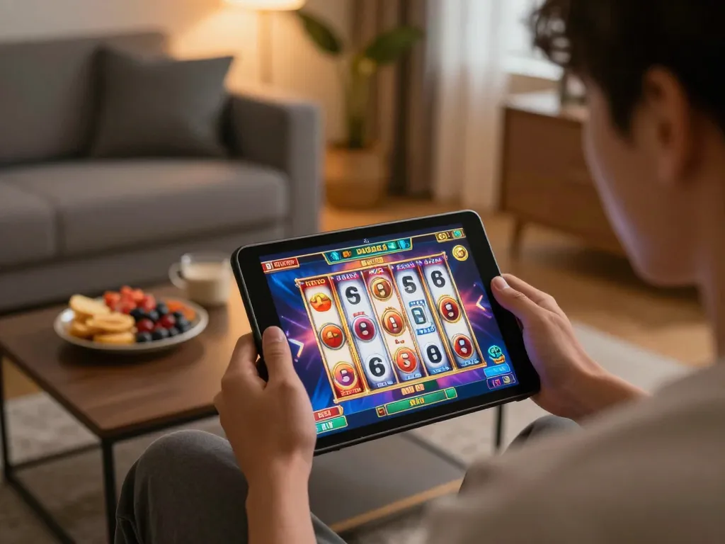 Terlibat dalam permainan slot pulsa di tablet di rumah, menunjukkan permainan online yang bertanggung jawab.