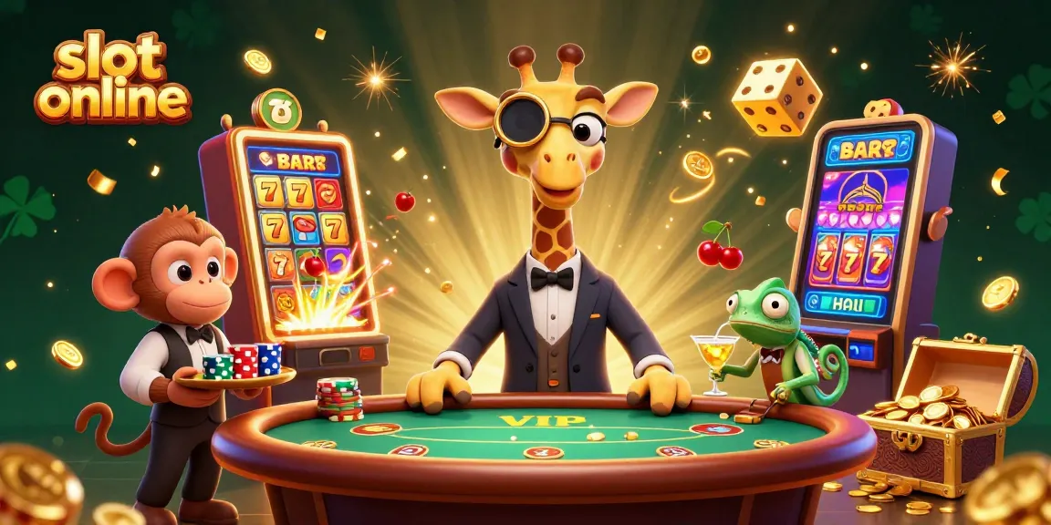 Rasakan keseruan bermain slot online dengan ilustrasi yang menggambarkan jerapah, monyet, dan bunglon di dunia kasino.