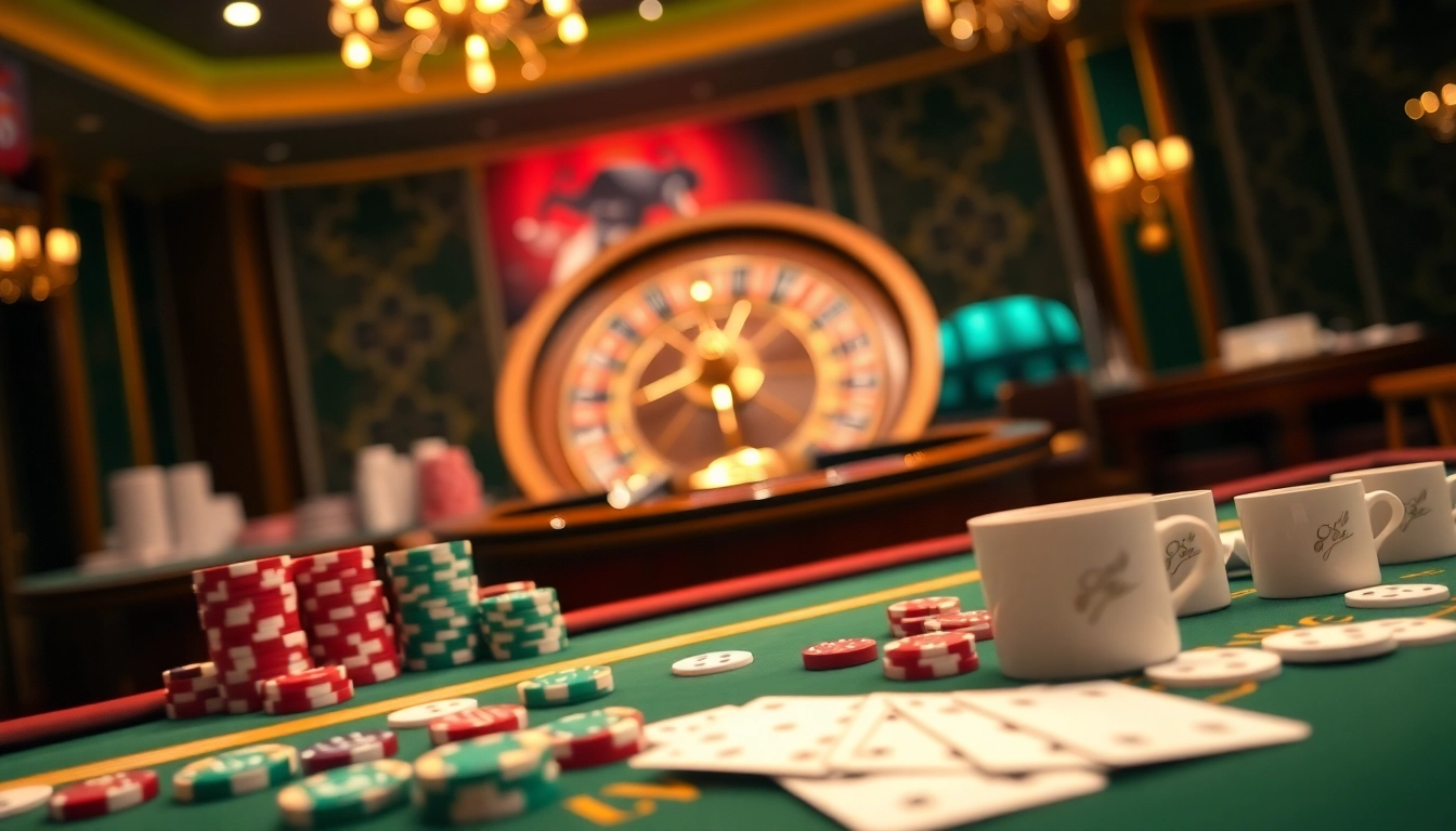 Players engaging in a thrilling gamebaidoithuong coffee casino experience with poker chips and cards.