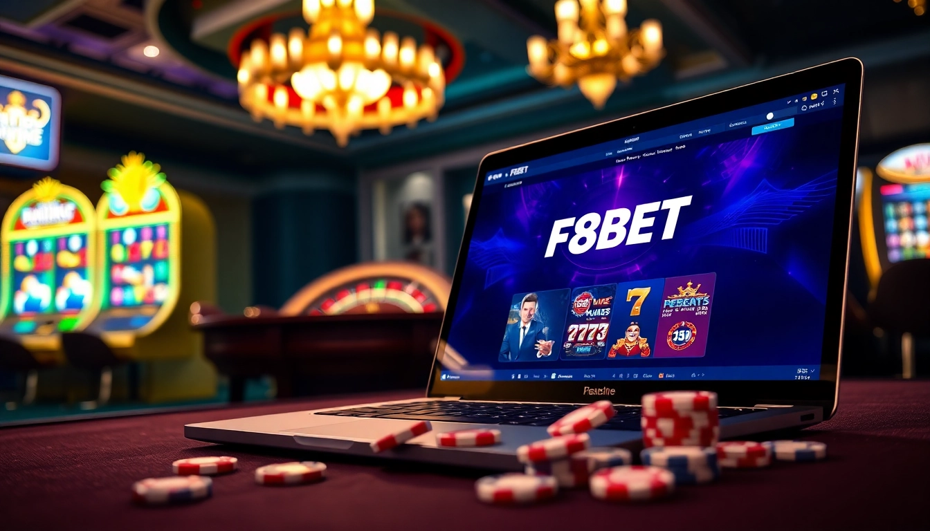 Experience the excitement of F8BET with a vibrant online gambling scene featuring poker chips and roulette.
