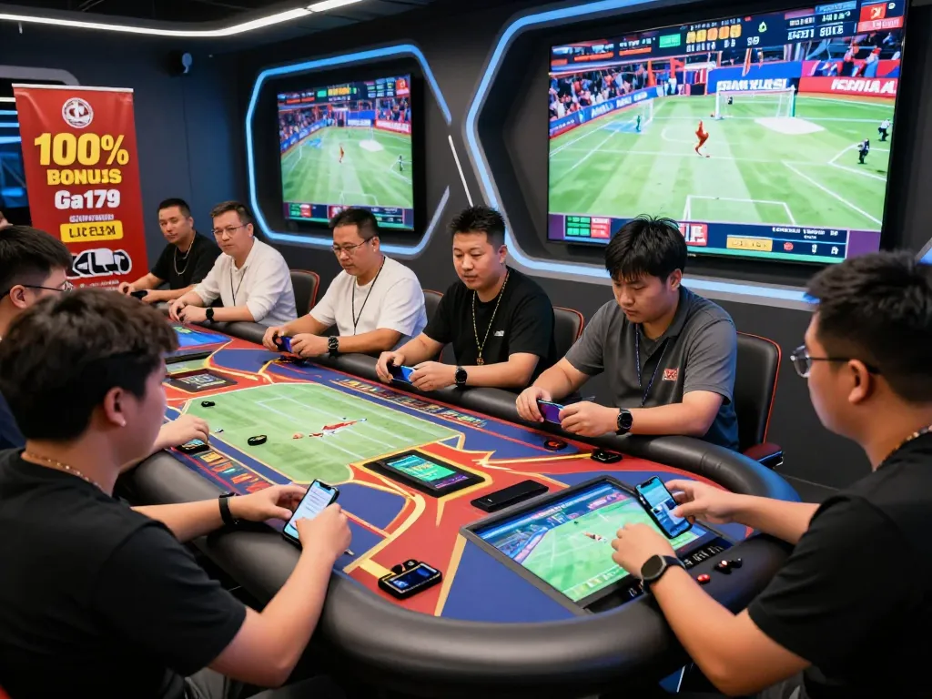 Ga179 online betting players enjoying live cockfighting matches in a vibrant gaming lounge.