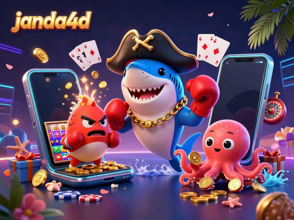 Permainan slot janda4d dengan hiu bajak laut dan ikan puff berbintang, interaksi penuh keceriaan.