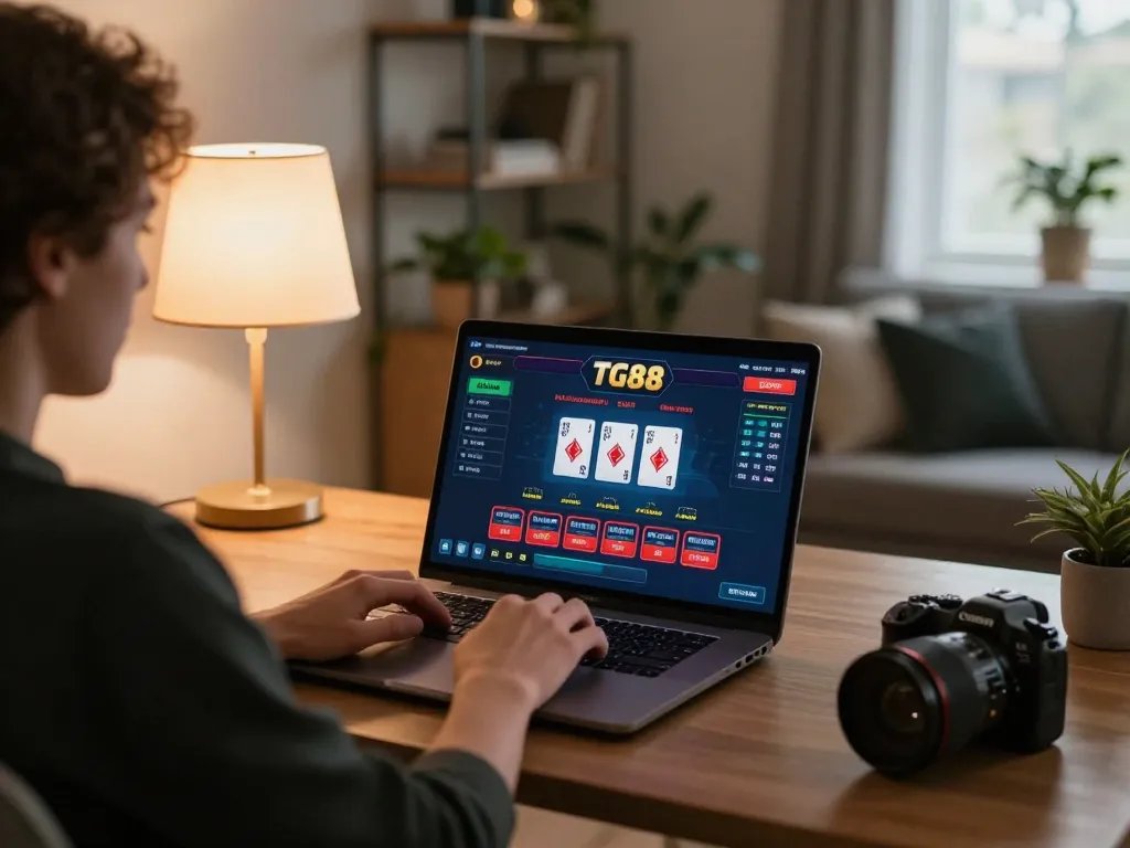 TG88 player engaging in online casino gaming at a stylish home setup, showcasing responsible gaming environment.