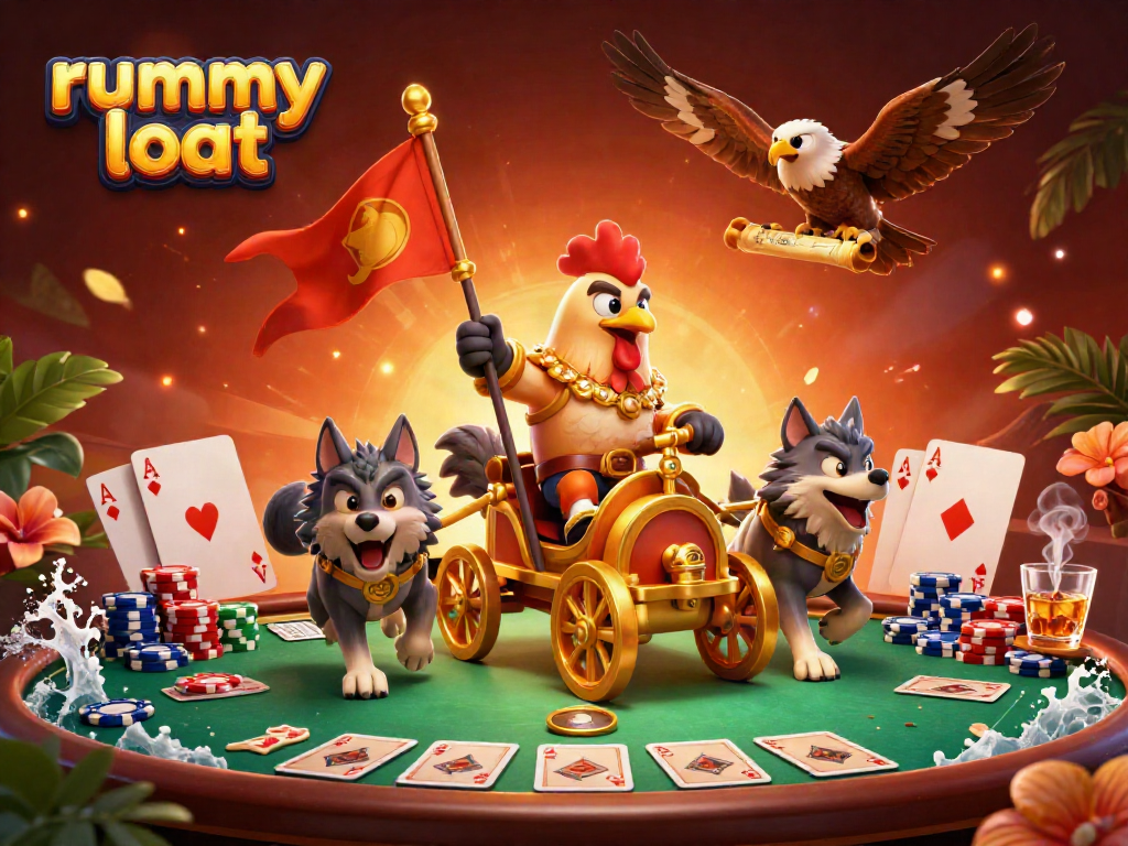 Engage in thrilling rummy loot gameplay with a vibrant illustration showcasing dynamic characters and casino elements.