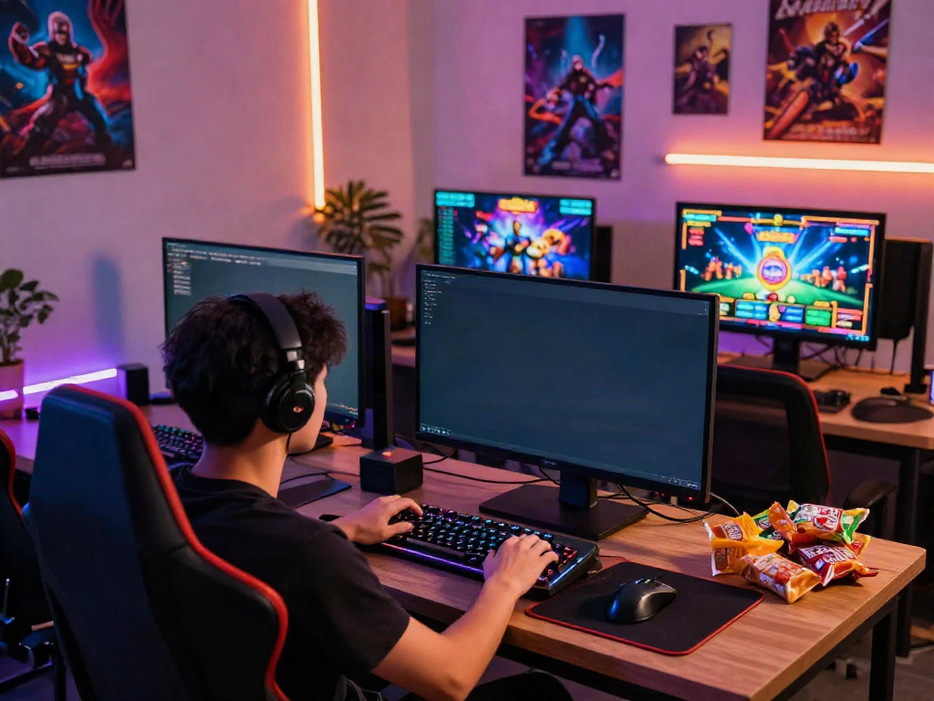 Exciting akunjp online gaming setup with player immersed in slot games and vibrant graphics.