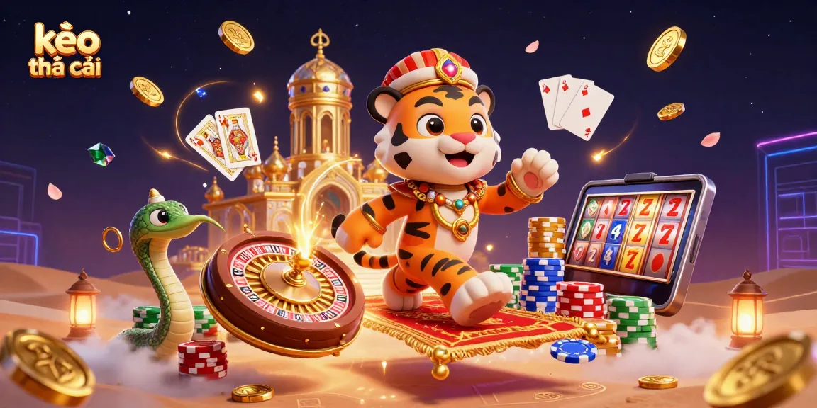 Engage with kèo nhà cái in this vibrant 3D scene featuring a tiger sultan, magic carpet, and casino elements.