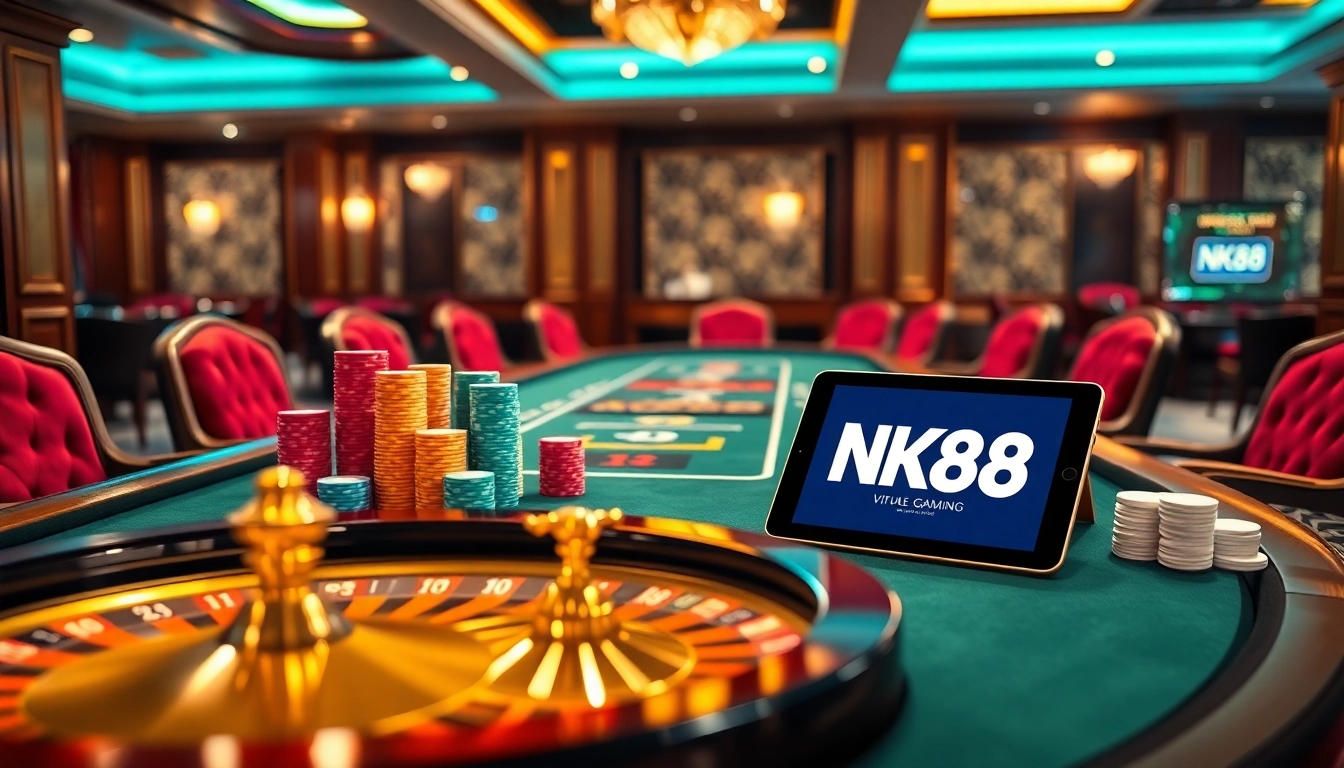 Engaging poker players enjoying a game at NK88 casino's elegant tables, radiating excitement.