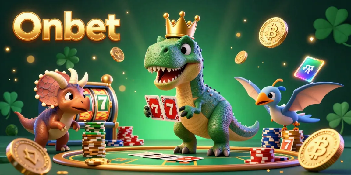 Bet on excitement with Onbet as a friendly T-Rex shuffles cards, garnished with golden chips.