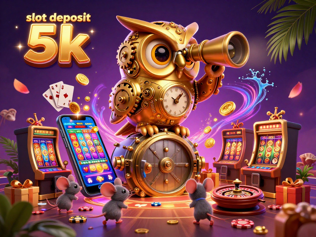 Experience thrill with slot deposit 5k as golden owl oversees whimsical casino scene packed with vibrant gaming elements.