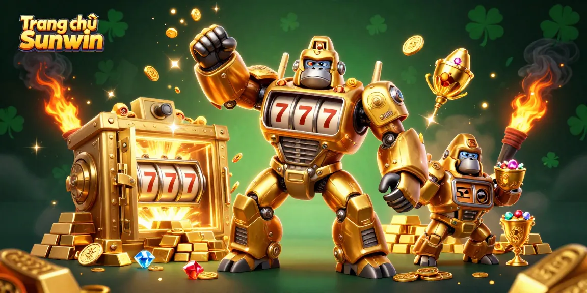 Experience the excitement of Trang chủ Sunwin with a thrilling 3D illustration of a golden mech amidst gold and gems.