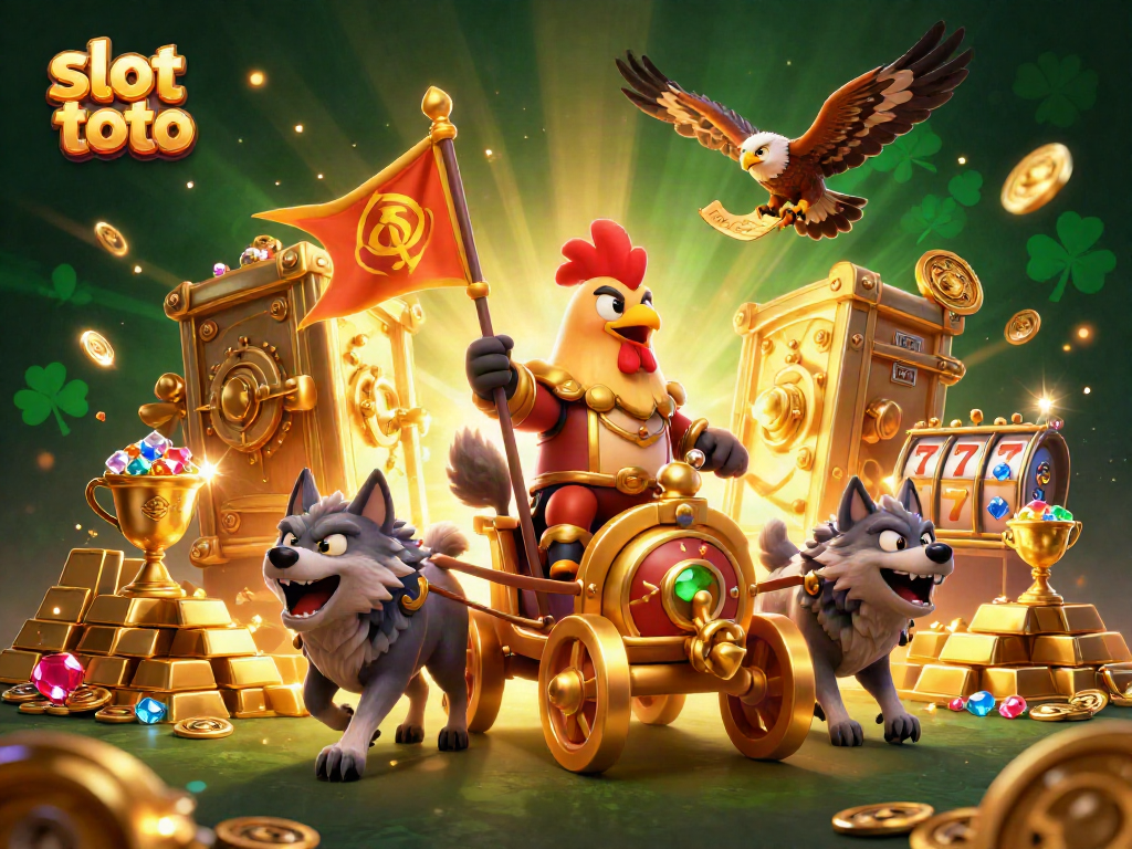 Engage with slot toto as a rooster warlord leads a chariot through a wealth-filled scene.