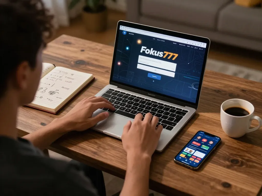 Engaging Fokus777 login screen on a laptop, showcasing online slot gaming in a cozy home environment.