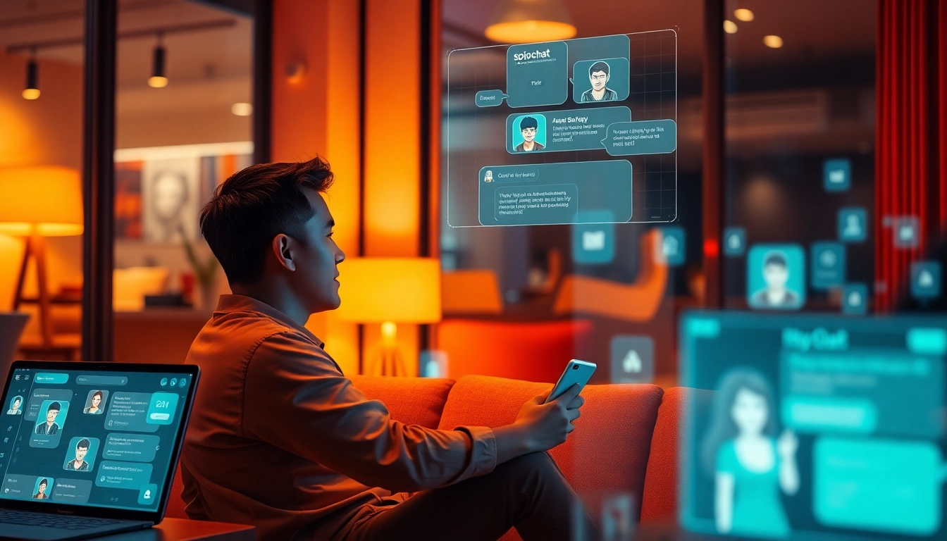Engaging in a spicychat experience with dynamic AI chatbots in a warm, modern setting.