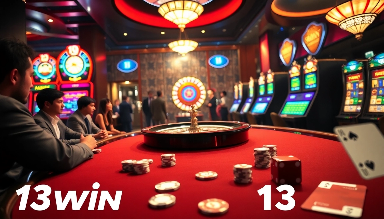 Players enjoying a poker game at 13win casino with vibrant tables and slot machines.