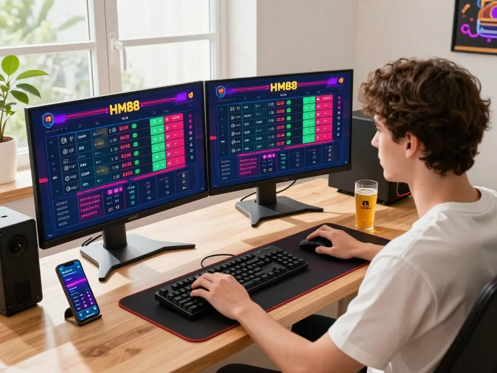 Engaged player using hm88 đăng nhập in a vibrant home office, showcasing gaming setup and atmosphere.
