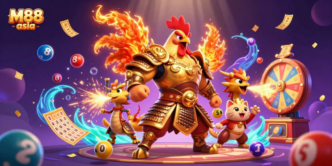 M88 asia captures the vibrant excitement of online gambling with colorful lottery balls and dynamic characters.