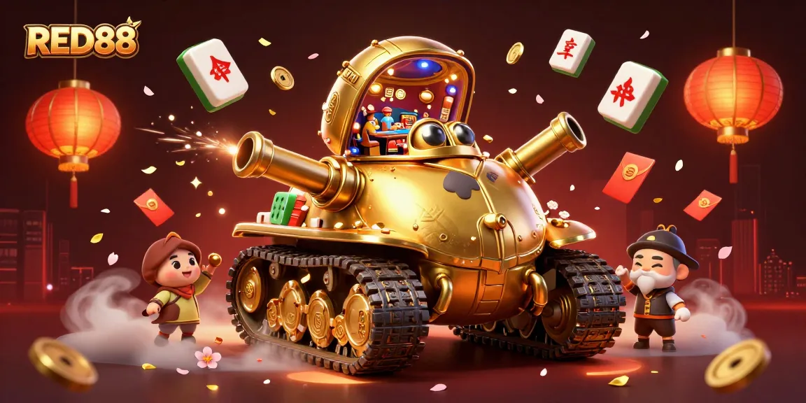 RED88 showcases a vibrant 3D illustration of a golden beetle tank casino with confetti and colorful elements.