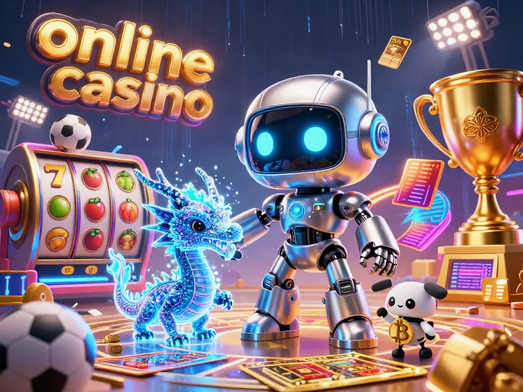 Experience an online casino adventure with a cyberpunk robot and holographic dragon in a vibrant 3D illustration.