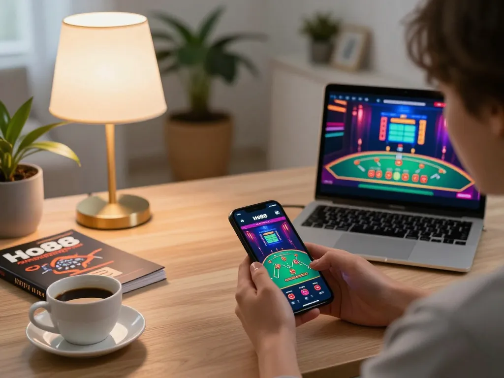 Engaging in online casino gameplay with Ho88 app, showcasing a strategic home gaming setup.