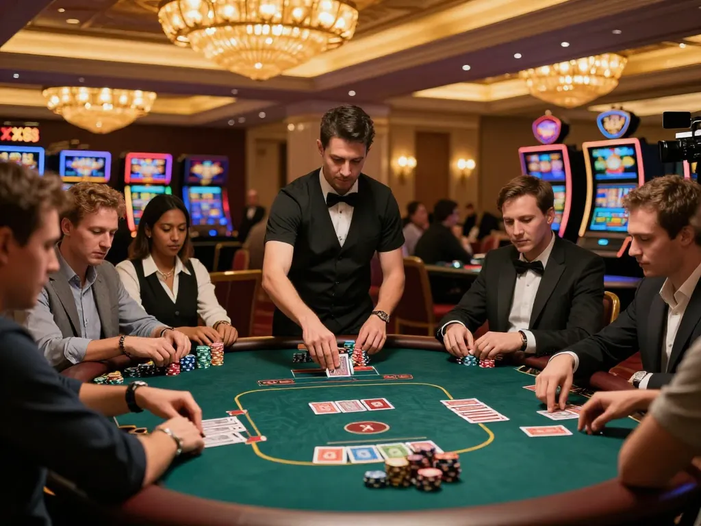 Players strategizing their bets at XX 88 poker table, showcasing a lively casino floor atmosphere.