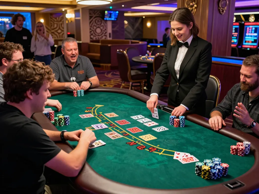 Engaged players enjoying blackjack in a lively non Gamstop casino atmosphere, showcasing excitement and strategy.